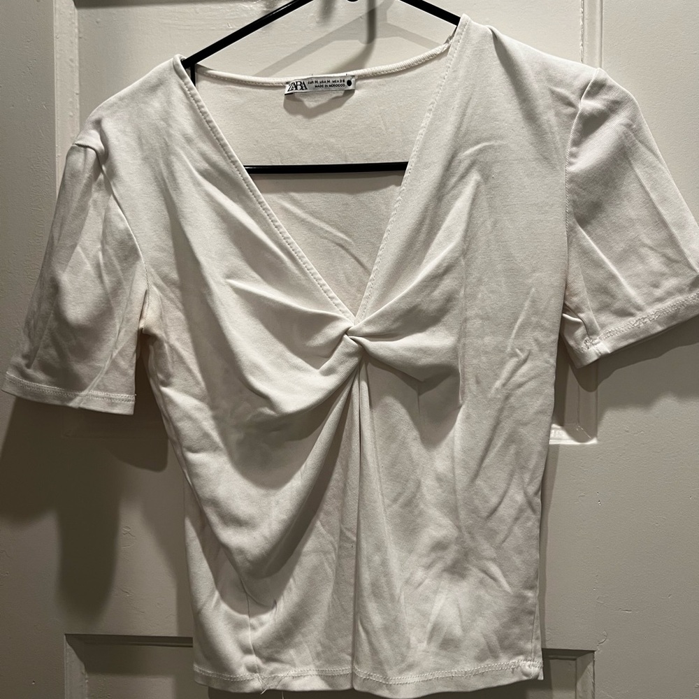 ZARA White Twist-Front V-Neck Short Sleeve Top